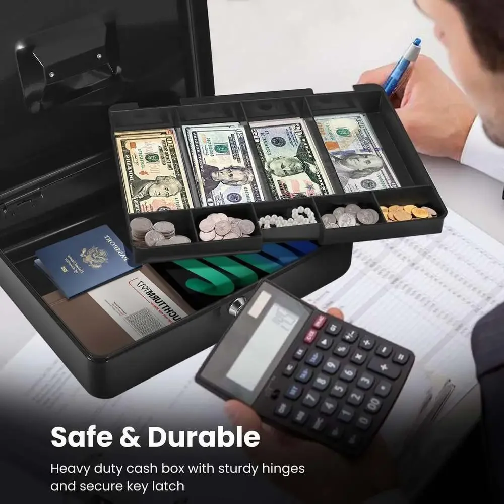 Cash Box with Lock and Money Tray, 9-Compartment Small Business Coin Cash